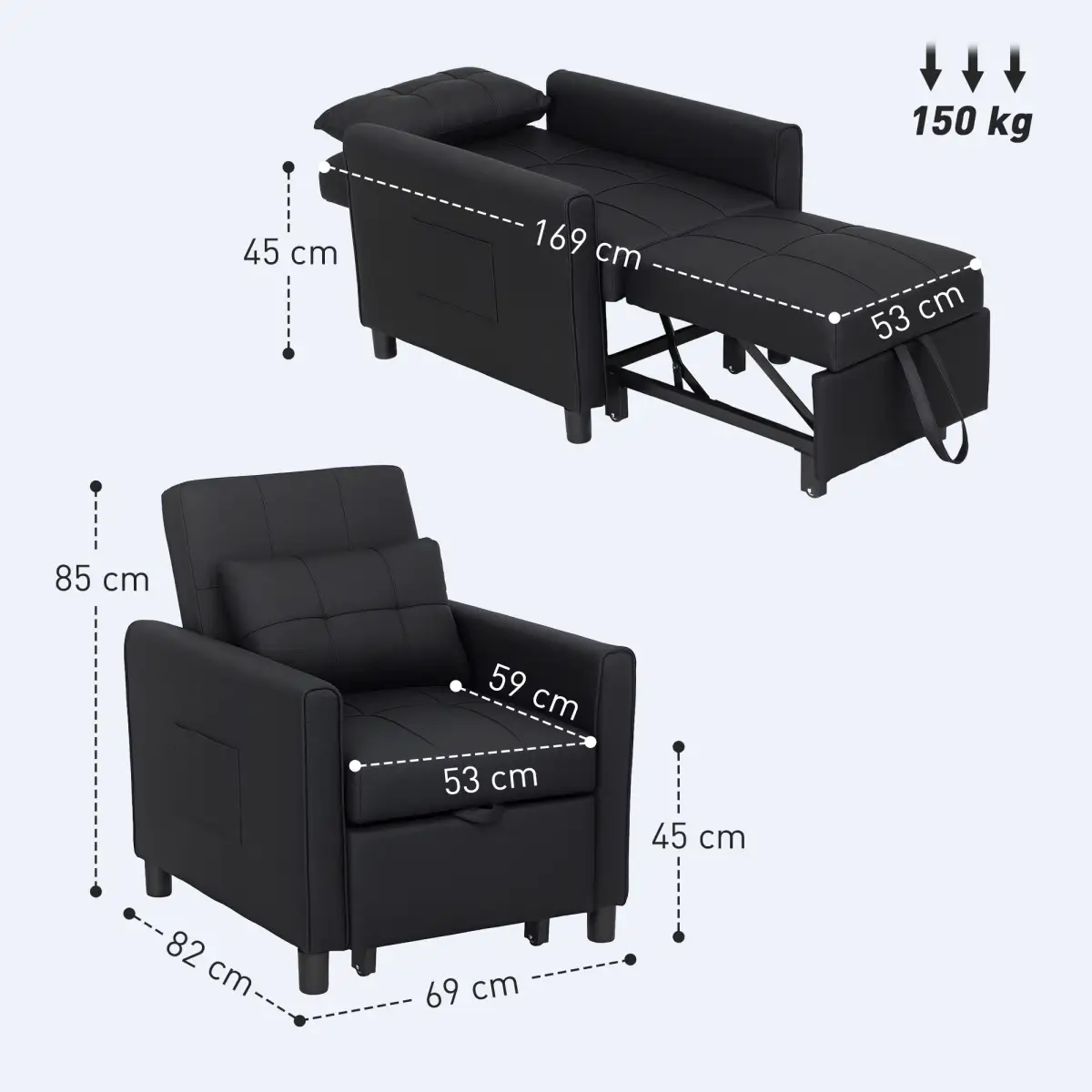 HOMCOM HOMCOM Folding Chair Bed, Sleeper Chair with Pillow, Side Pockets, Black - Sofa Bed