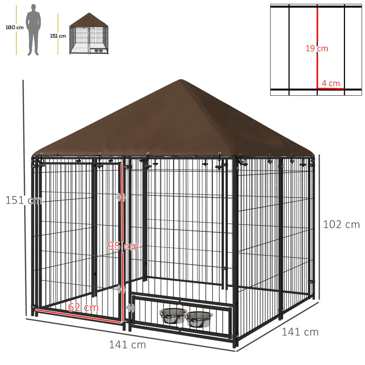 PawHut Outdoor Dog House Kennel with Canopy Top & Secure Lock Rotating Bowl Holder - Dog Kennel