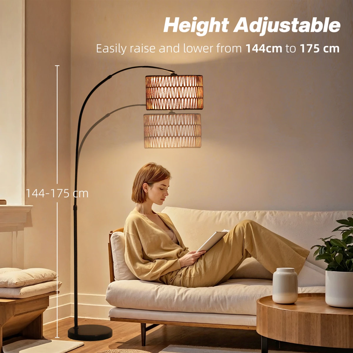 Premium Floor Lamp With Adjustable Height Lantern Shade Hemp Rope Marble Base Foot Switch For Living Room by N/A