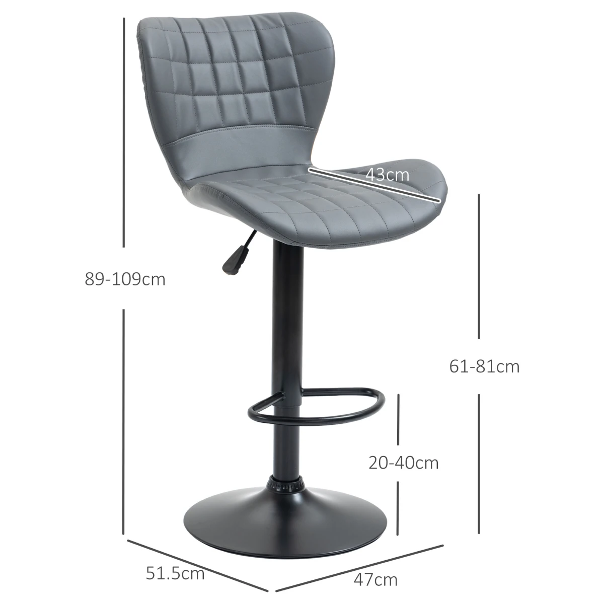 Unbranded Bar Stools Set of 2 Adjustable Height Swivel Bar Chairs with Footrest Grey -