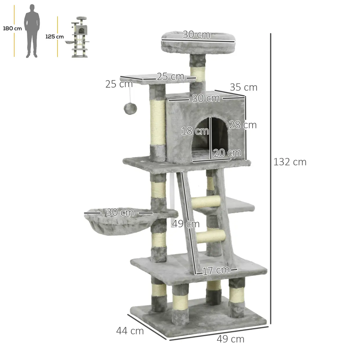 PawHut PawHut 132cm Multi-Activity Cat Tree w/ House Baskets Ladder Scratch Post Grey - Cat Tree