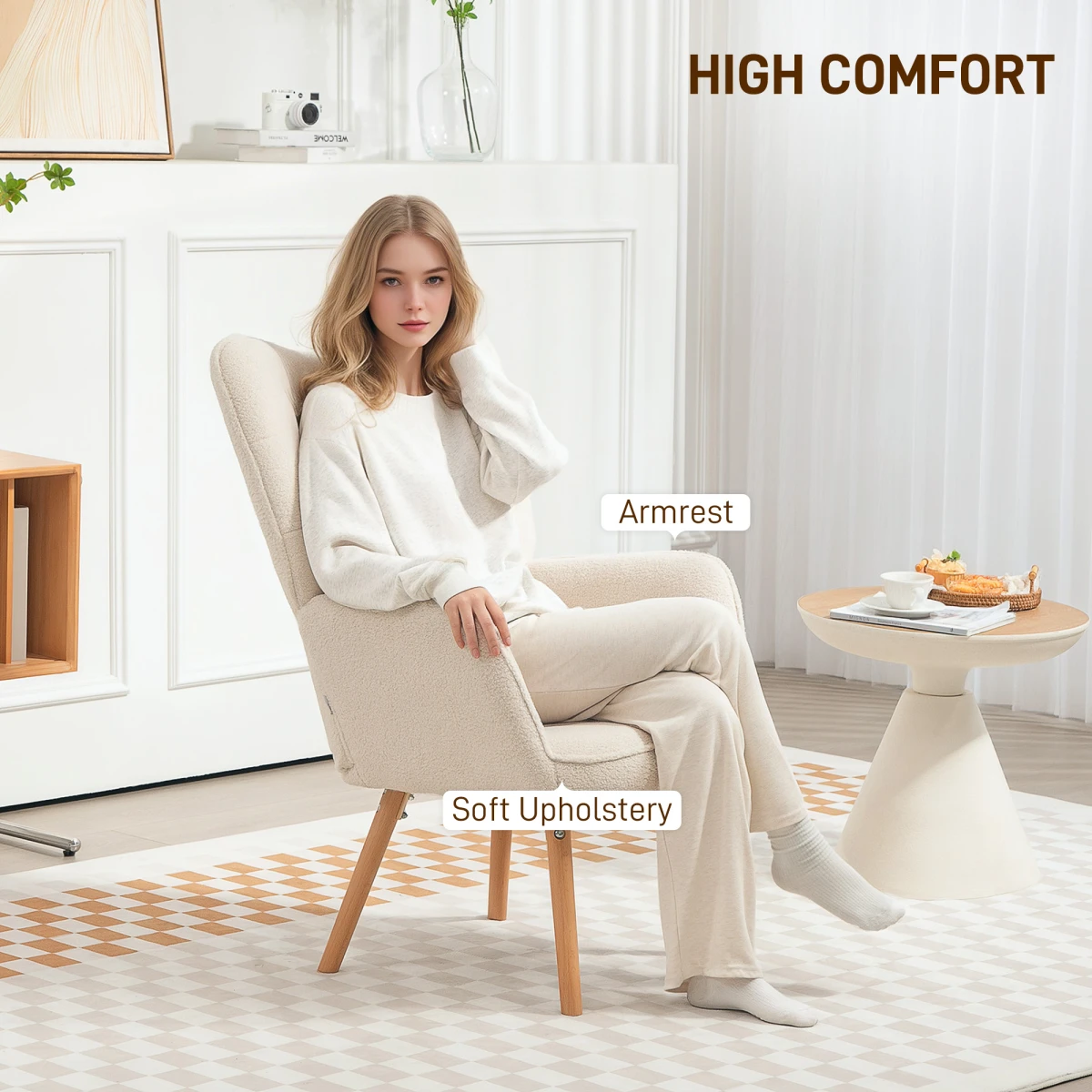 HOMCOM Tufted Wingback Armchair Medium Fleece Seat LivingRm - Armchair
