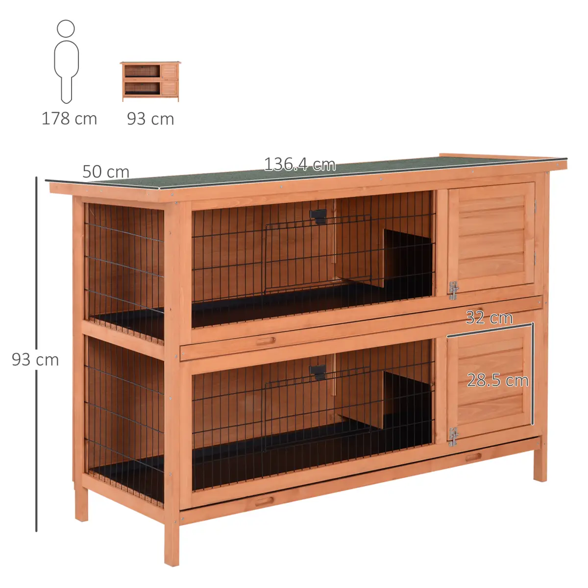 Pawhut Rabbit Hutch for Two Rabbits Outdoor Guinea Pig Cage w/ Removable Trays, Orange - Rabbit Hutch