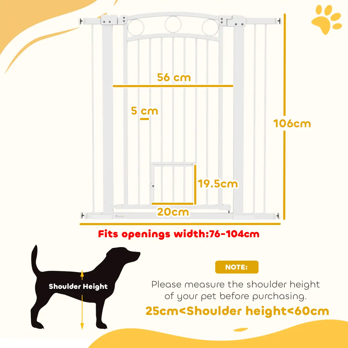 PawHut Stair Gate with Cat Door, Adjustable Width, 76-104cm and 106cm Tall - Pet Gate