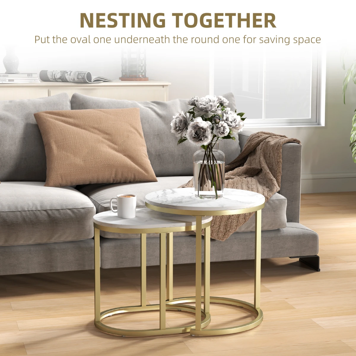 HOMCOM Elegant Side Tables RoundOblong Marble LivingArea - Nest of Tables