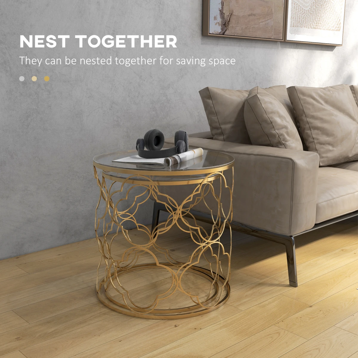 HOMCOM Nesting Tables Two Piece Glass Top Gold Tone For Modern Living Room Decor by HOMCOM