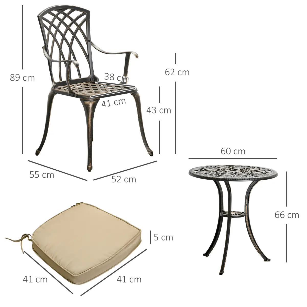 Bronze Cast Aluminium Outdoor Garden Bistro Set For Two With Parasol Hole Cushions - Outsunny - Home Symphony