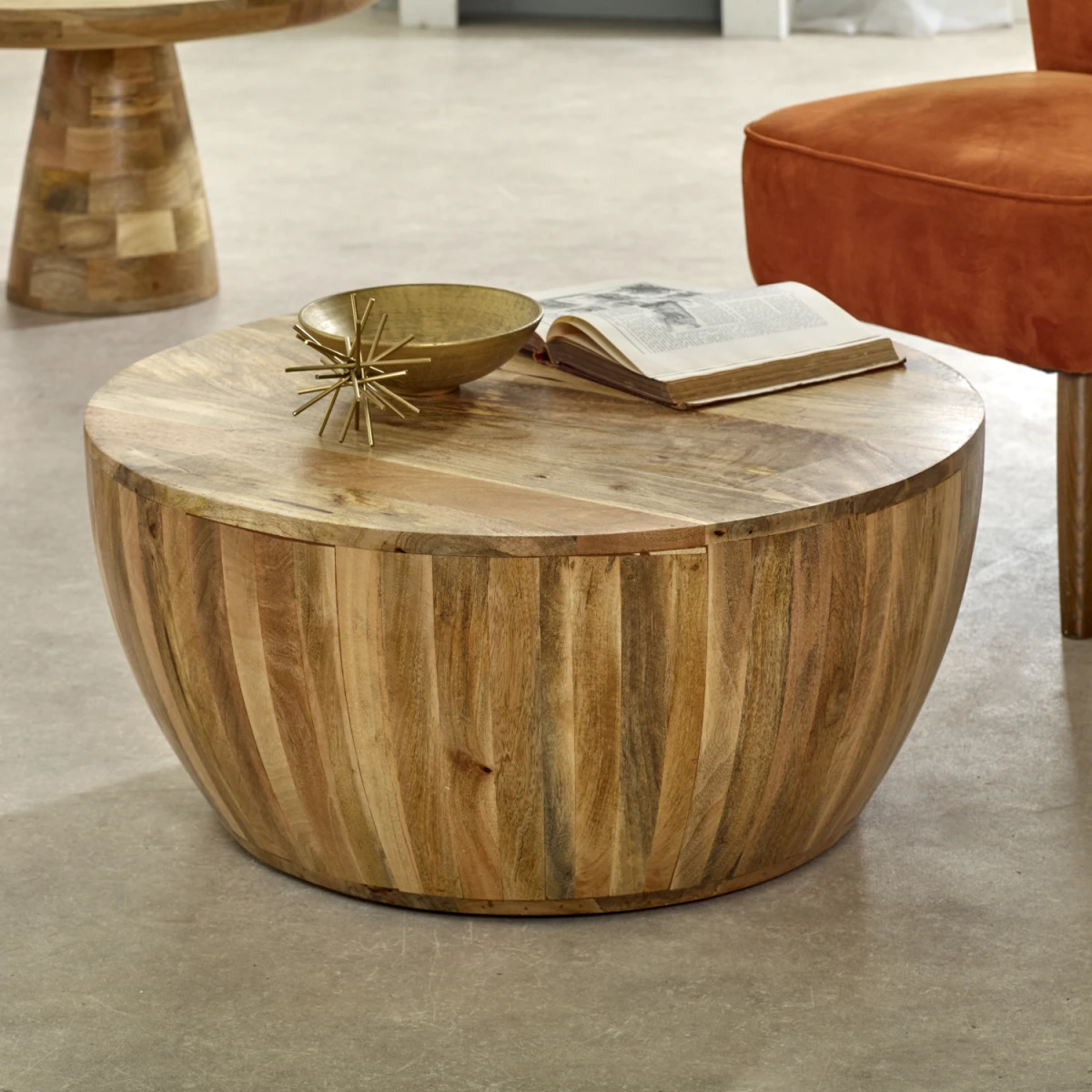 Surrey Drum Coffee Table Round Diameter 40cm Solid Mango Wood Handcrafted Eco Friendly Living Room Decor by Indian Hub