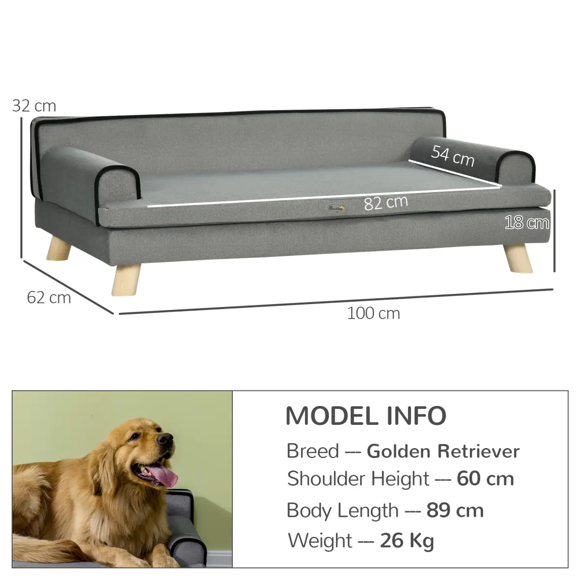 PawHut Pet Sofa for Large, Medium Dogs, with Wooden Legs Water-resistant Fabric, Grey - Dog Beds
