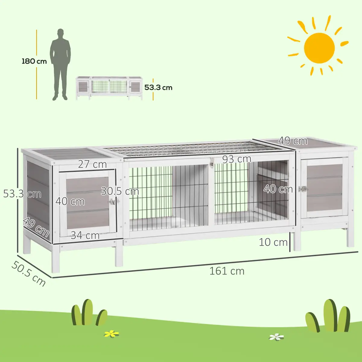 Pawhut Indoor Rabbit Hutch Separable Guinea Pig Cage Bunny Run w/ Slide Out Tray - Grey - Rabbit Hutch