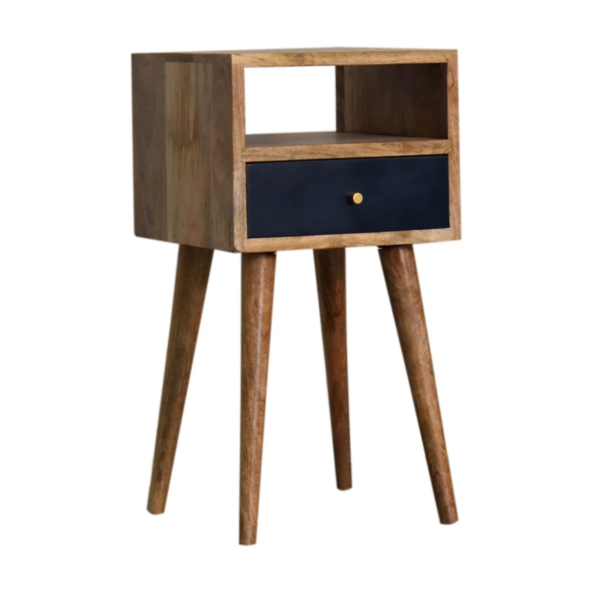 Artisan Furniture Artisan Nightstand Compact Mango Wood Navy Hand Painted Drawer Open Shelf Bedroom Decor And Storage - Bedside Table