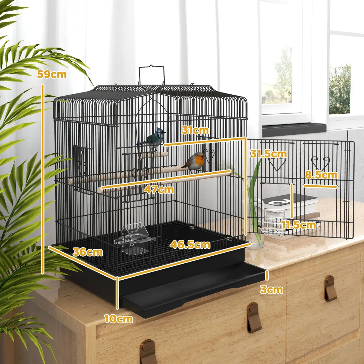 PawHut PawHut 59cm Large Bird Cage with Stand, Perches, Food Bowls, Swing, Black - Bird Cage