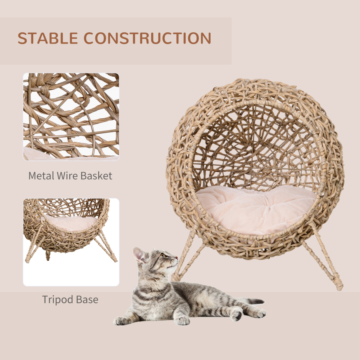 Rattan Elevated Cat House Kitten Bed Pet Furniture w/ Cushion Natural - from PawHut