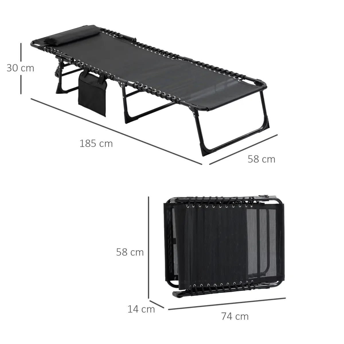 Outsunny Lounger Folding Reclining Camping Bed 5-position Adjustable Black - Sun Lounger