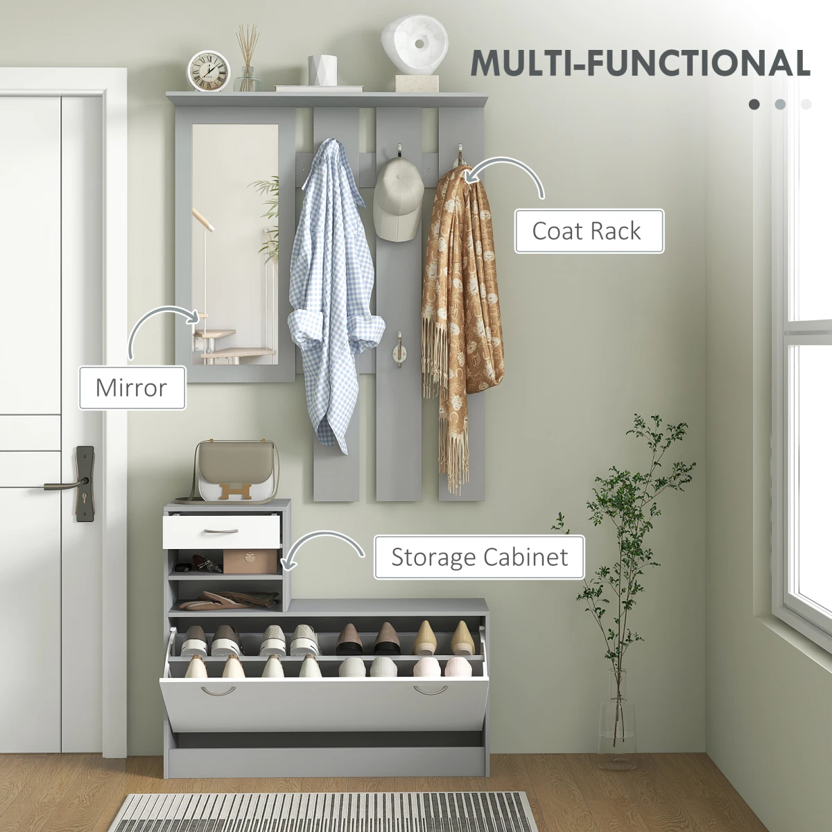 HOMCOM Hallway Furniture Set Compact Size With Mirror And Shoe Cabinet For Entryway Organization - Wardrobe