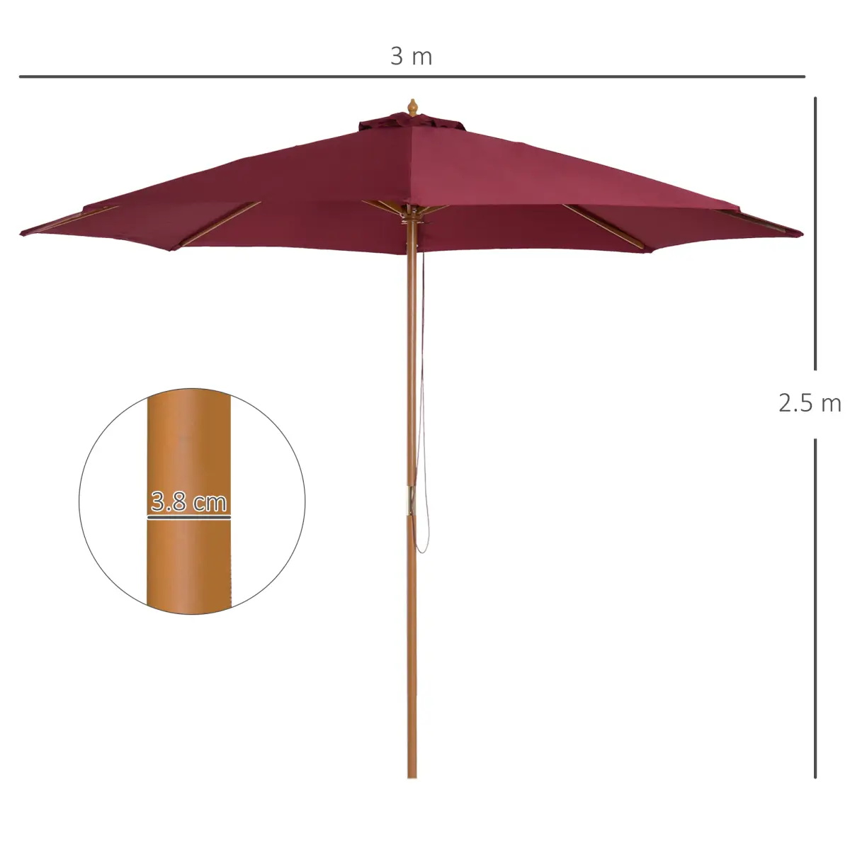 Outsunny Outsunny 3m Fir Wooden Garden Parasol Sun Shade Outdoor Umbrella Canopy Wine Red - Parasol
