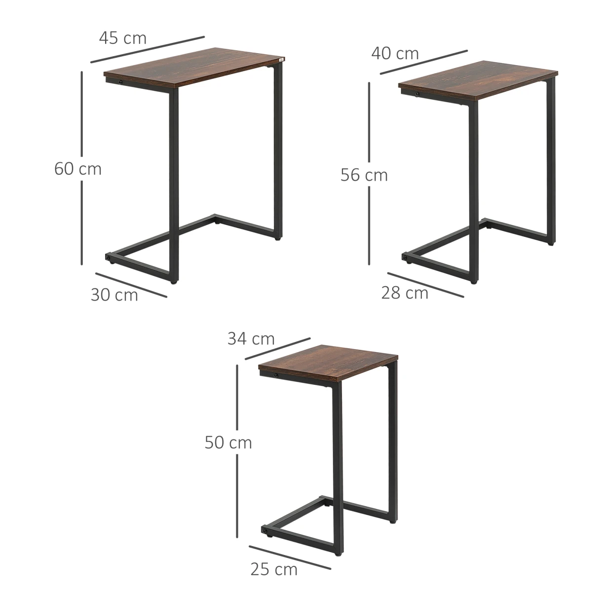 HOMCOM HOMCOM C Shaped Nesting Tables Set of 3 Small Medium Large Rustic Brown Steel Frame Space Saving Living Room End Tables - Nest of Tables