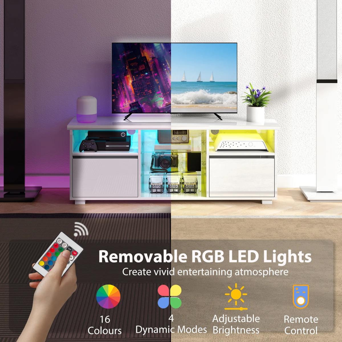 HOMCOM High Gloss TV Stand For 55in TV LED Lights RGB by HOMCOM