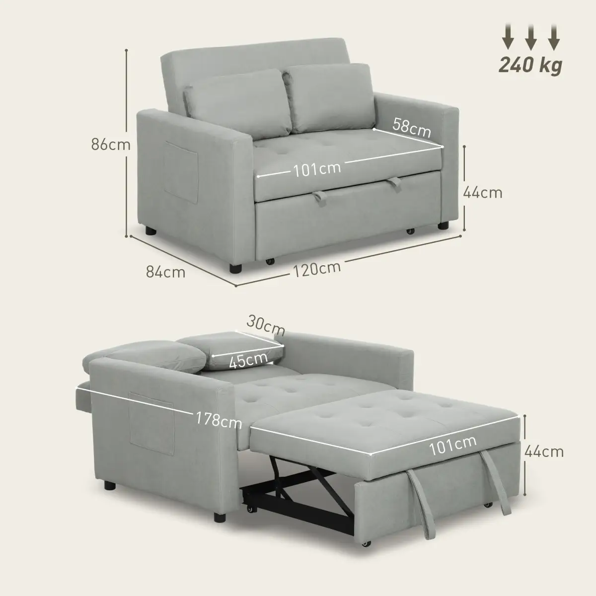 HOMCOM HOMCOM 2 Seater Sofa Bed Convertible Bed Settee with Cushions, Pockets, Grey - Sofa Bed