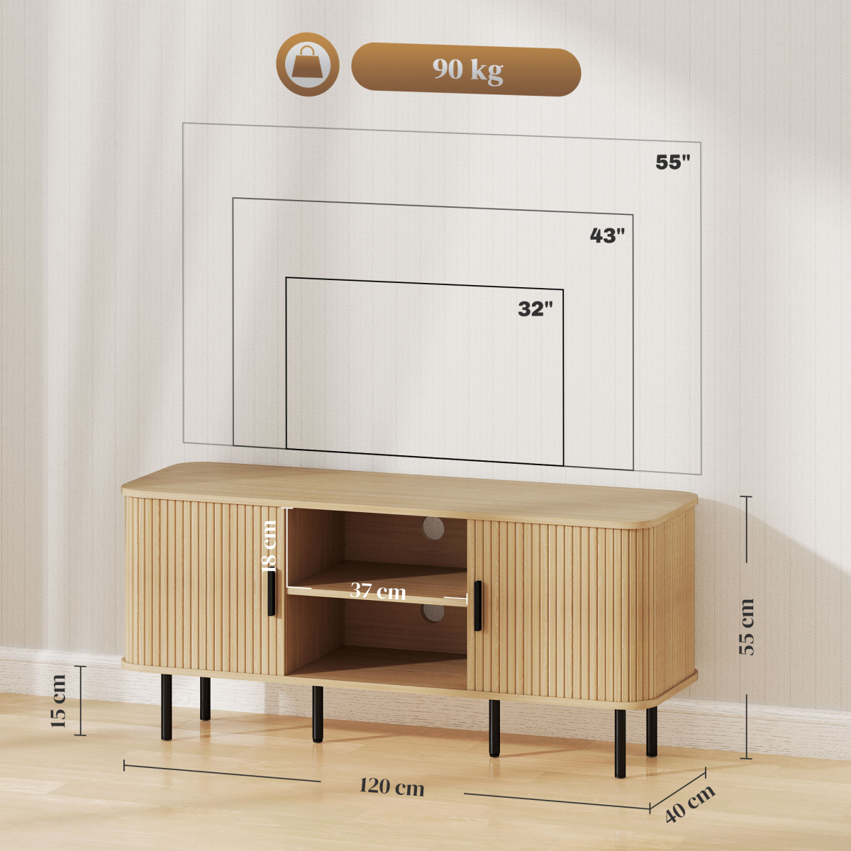 Living Room TV Unit With Oak Tone Finish HOMCOM Two Shelves Two Cupboards Cable Management Elevated Base