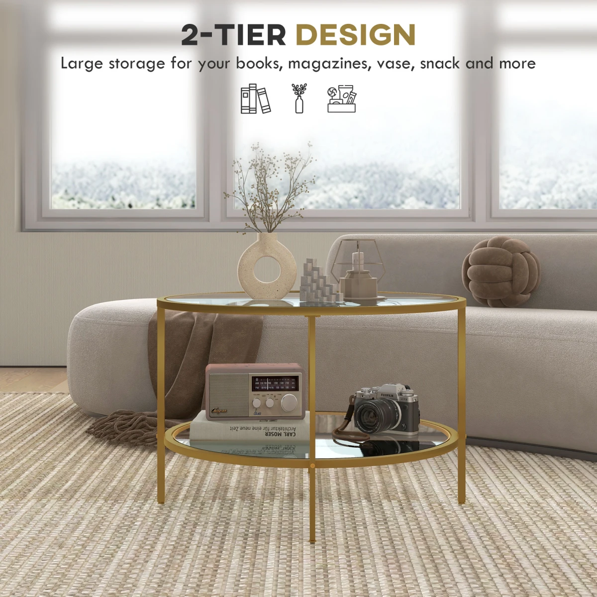 HOMCOM Round Coffee Table Tempered Glass Gold - Coffee Table