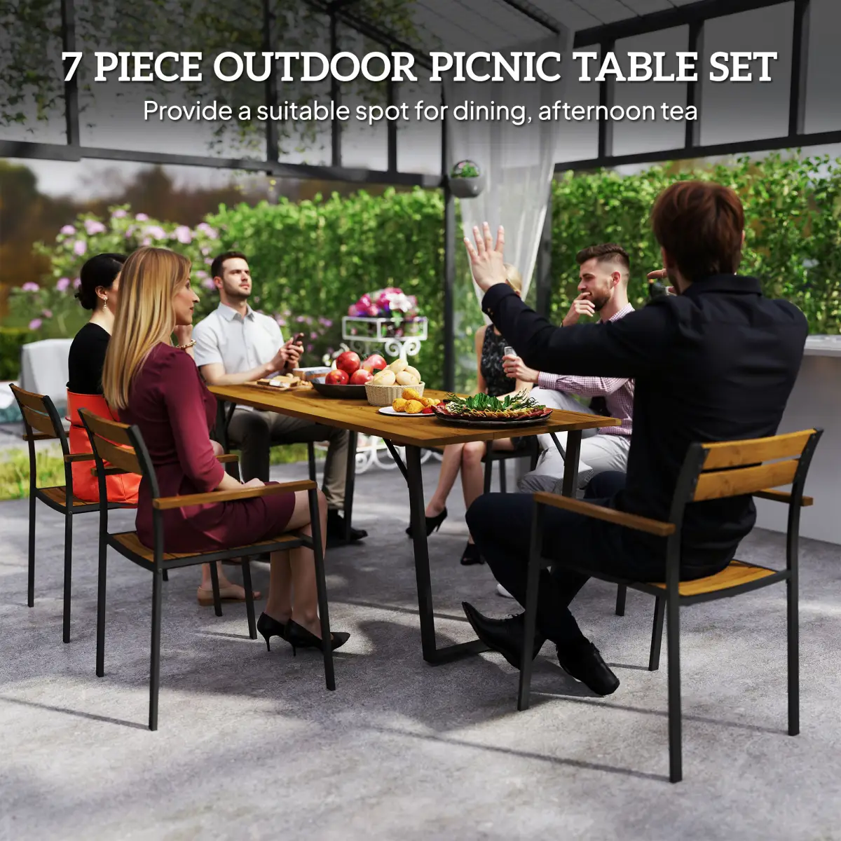 Outsunny Outsunny 7 Piece Garden Dining Set with Table and 6 Stackable Chairs, Brown - Garden Set
