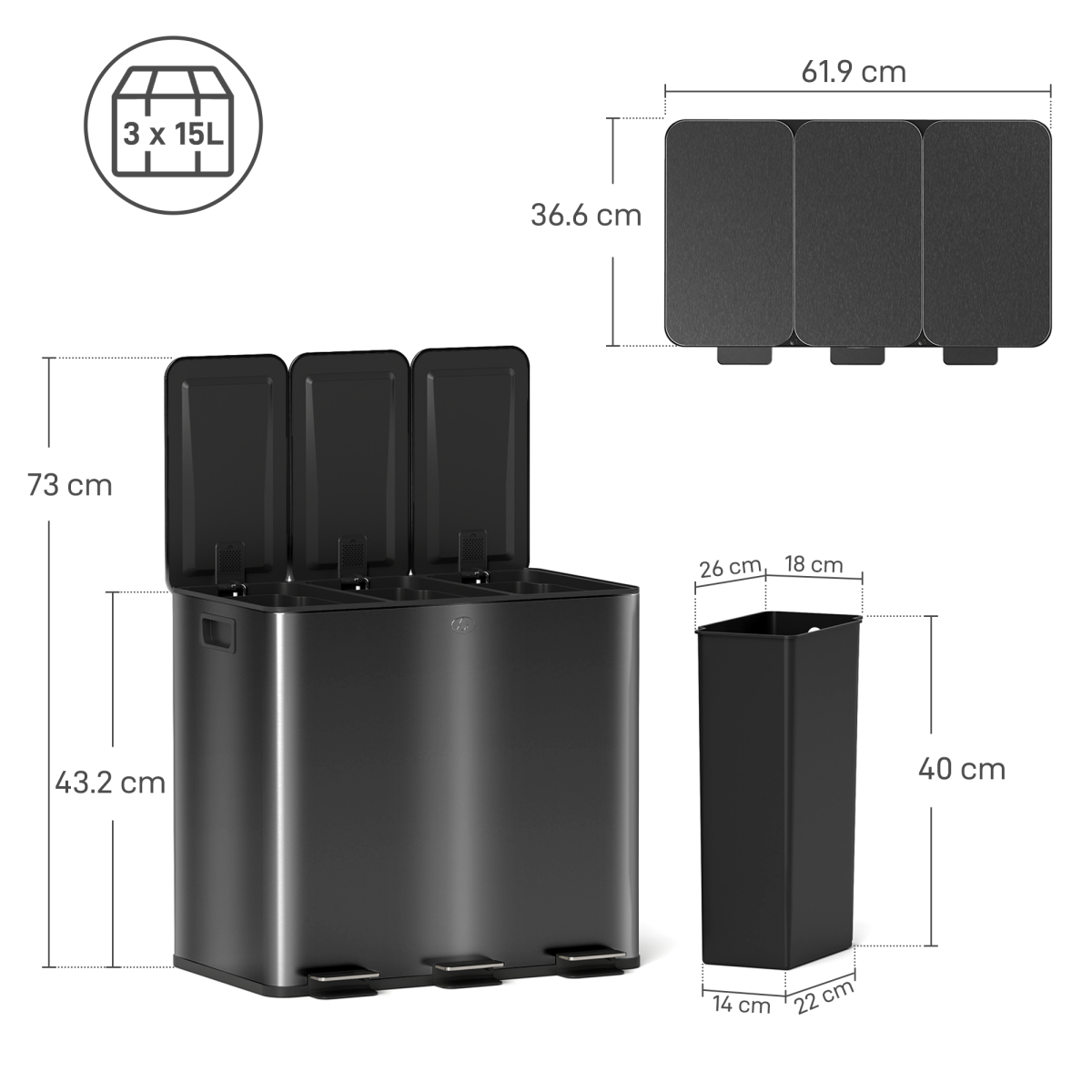 HOMCOM 3 x 15L Triple Kitchen Bin Pedal Bin for Recycling and Waste, Black - from HOMCOM