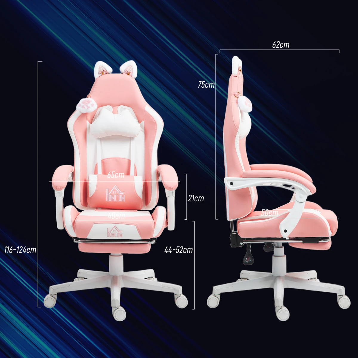 HOMCOM Pink Gaming Chair 44-52cm Recline Footrest for Gamers by HOMCOM