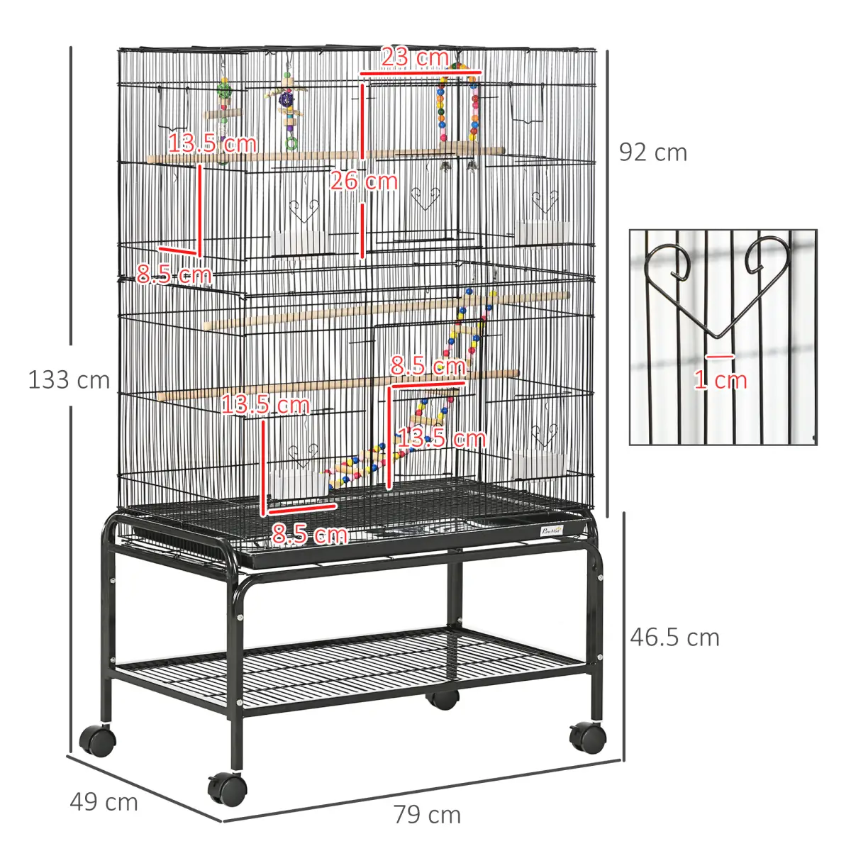 PawHut Bird Cage, with Stand, Wheels, Toys, for Budgies, Finches, Parakeets - Pet Cage
