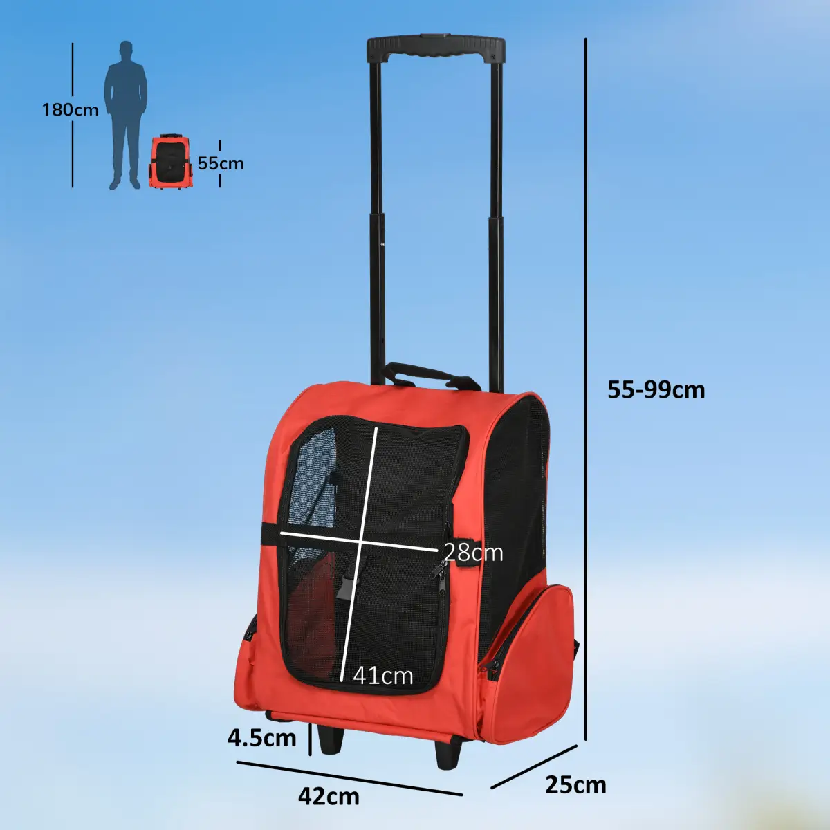 Pawhut Pet Travel Backpack Bag Cat Puppy Dog Carrier w/ Trolley and Telescopic Handle - Pet Carrier