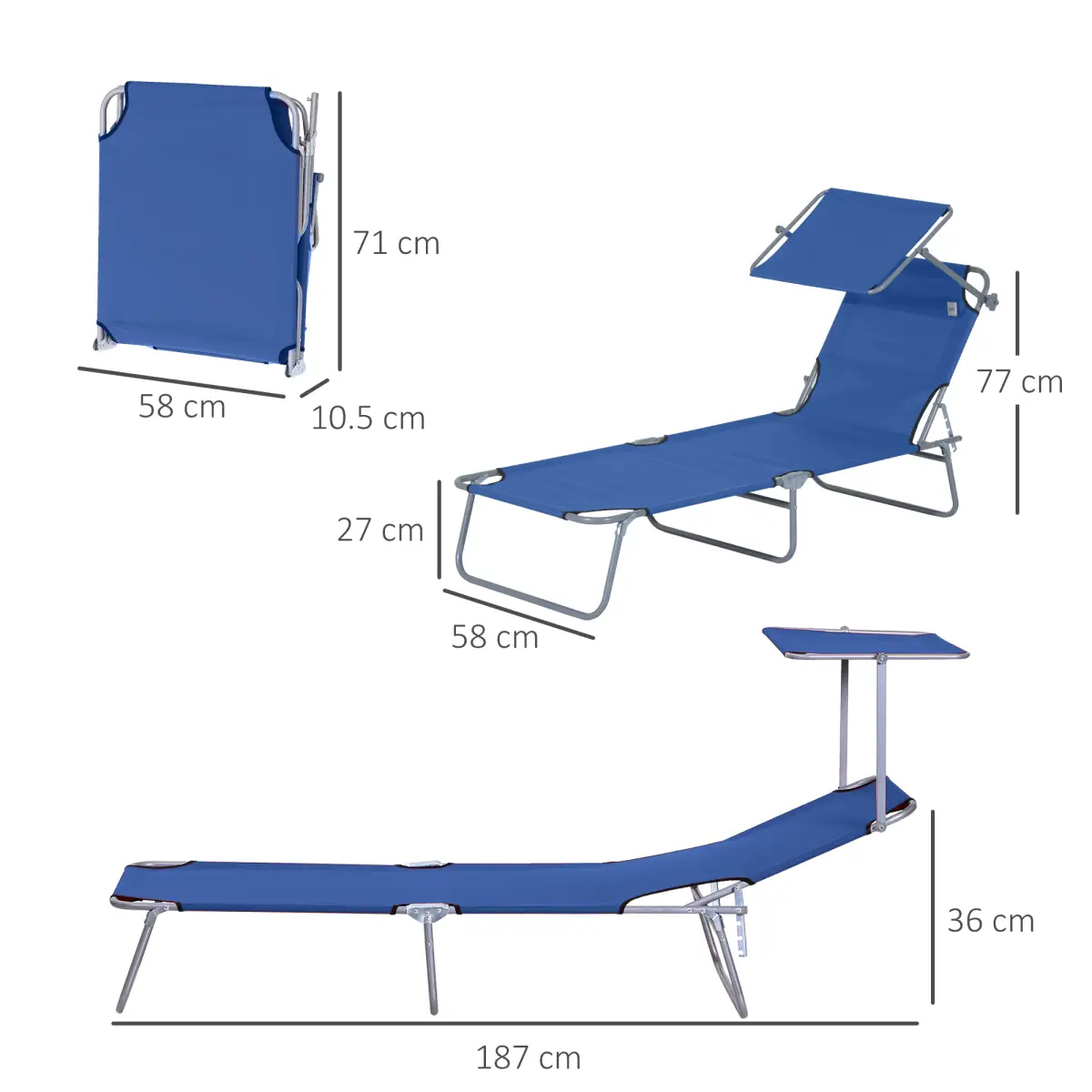 Outsunny Reclining Chair Folding Lounger Seat & Sun Shade Awning Beach, Blue - Folding Chairs