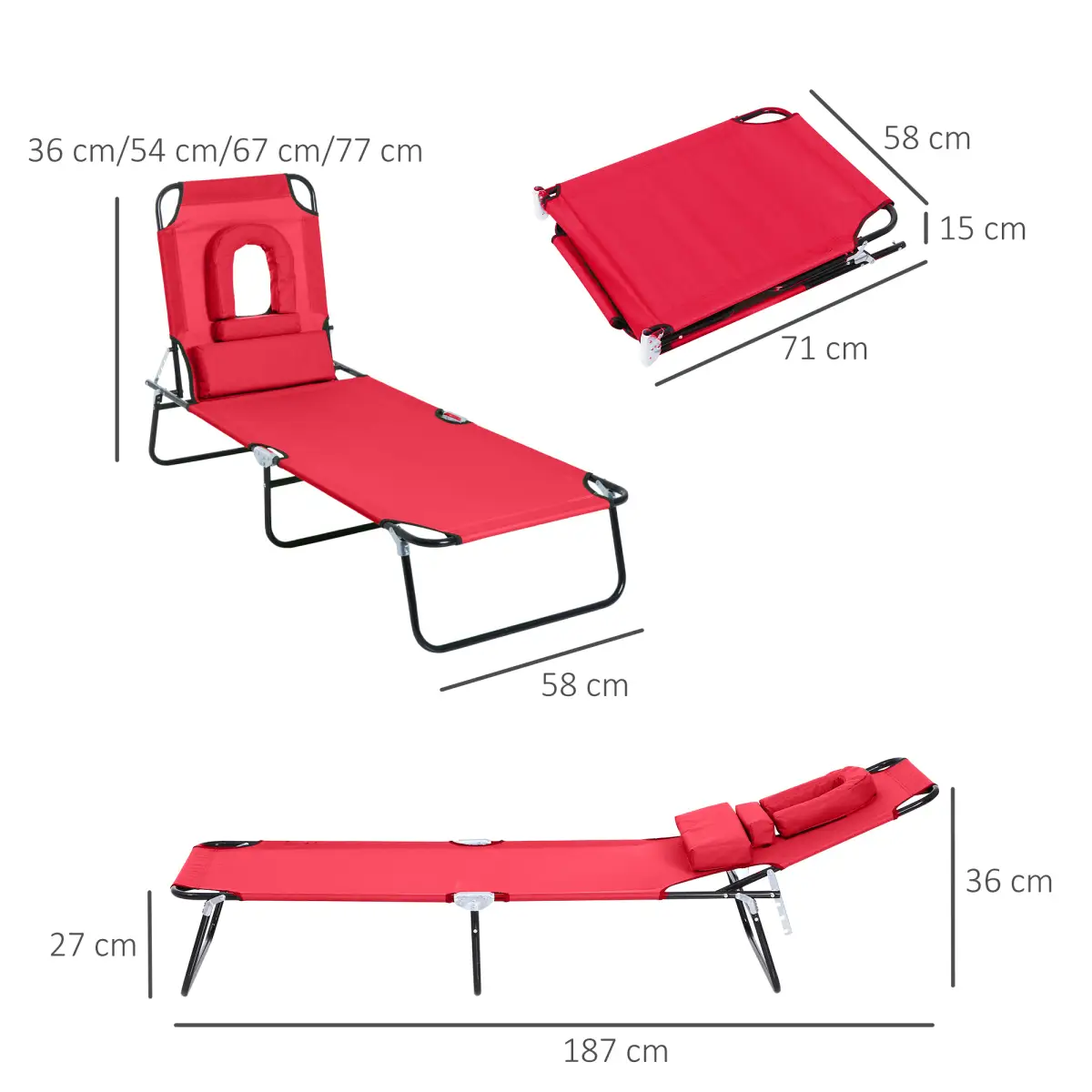 Outsunny Outsunny Folding Sun Lounger Reclining Chair w/ Pillow Reading Hole Red - Sun Lounger