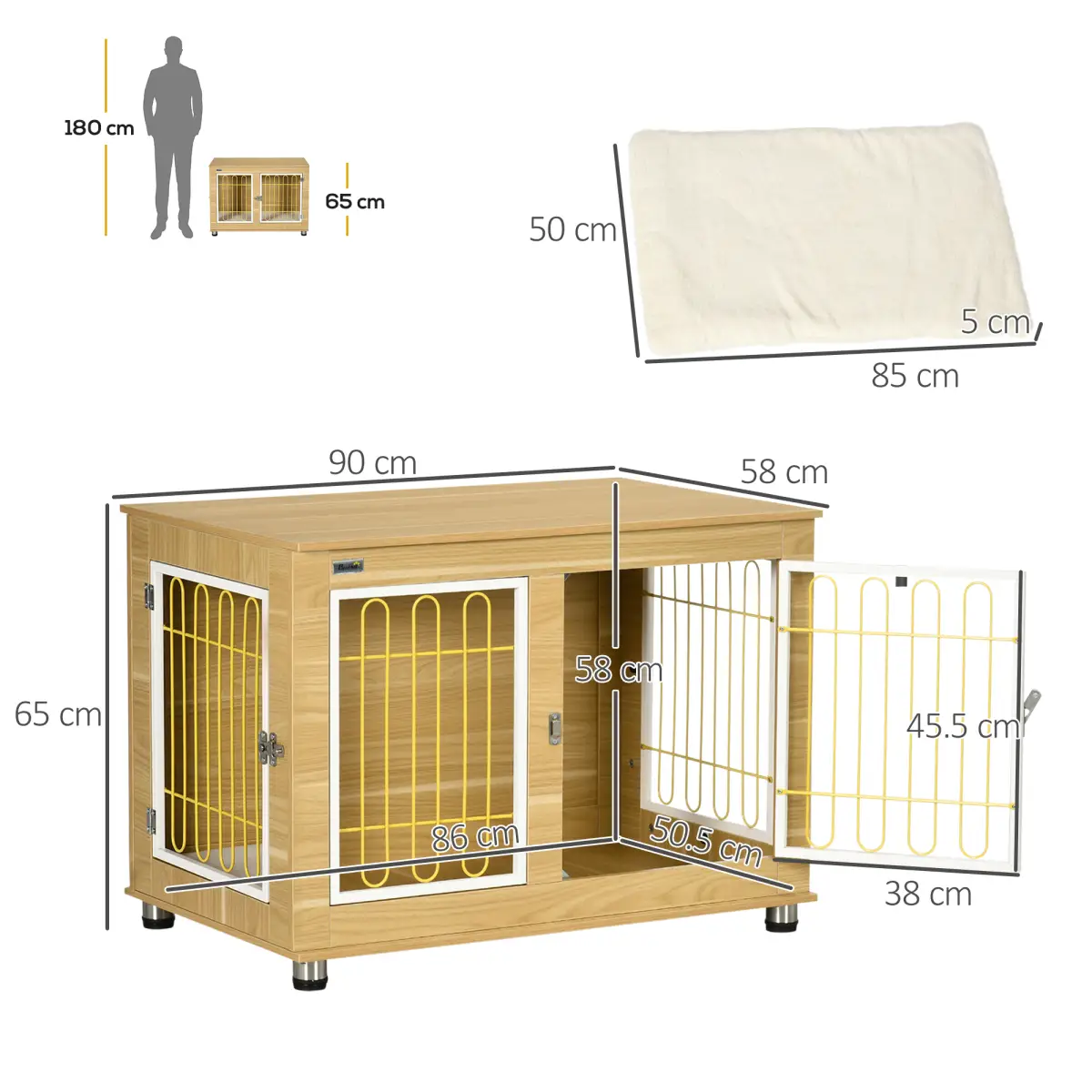 PawHut Dog Crate Furniture, Dog Crate End Table w/ Soft Cushion, Double Door - Oak Tone - Dog Crate
