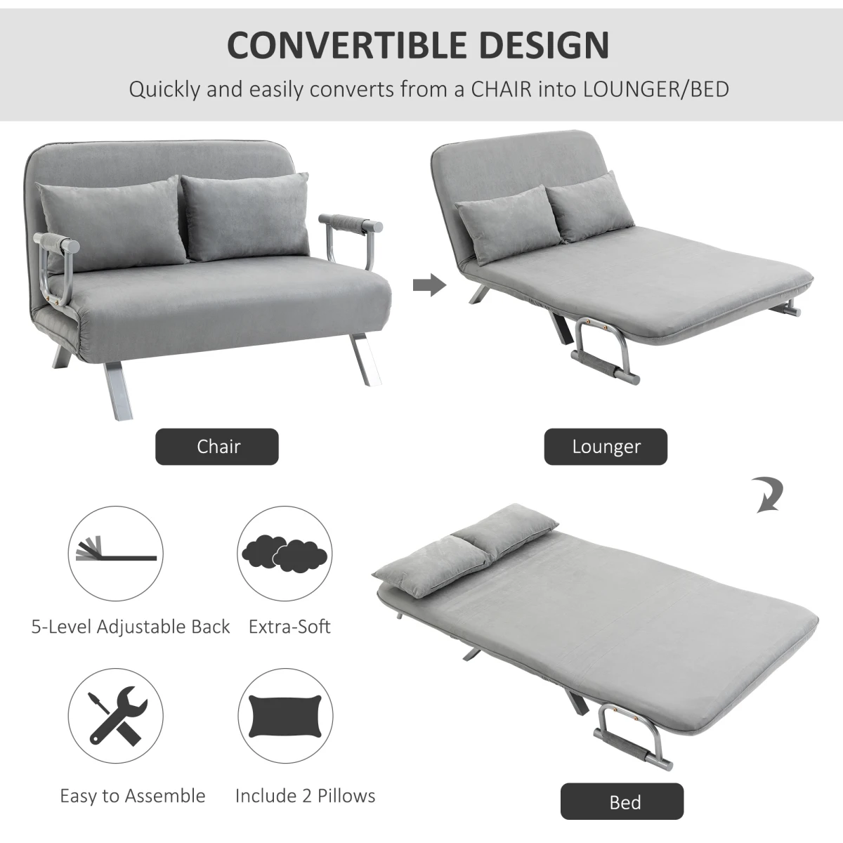 HOMCOM HOMCOM 2 Seater Sofa Bed Click Clack Light Grey Living Room - Sofa Bed
