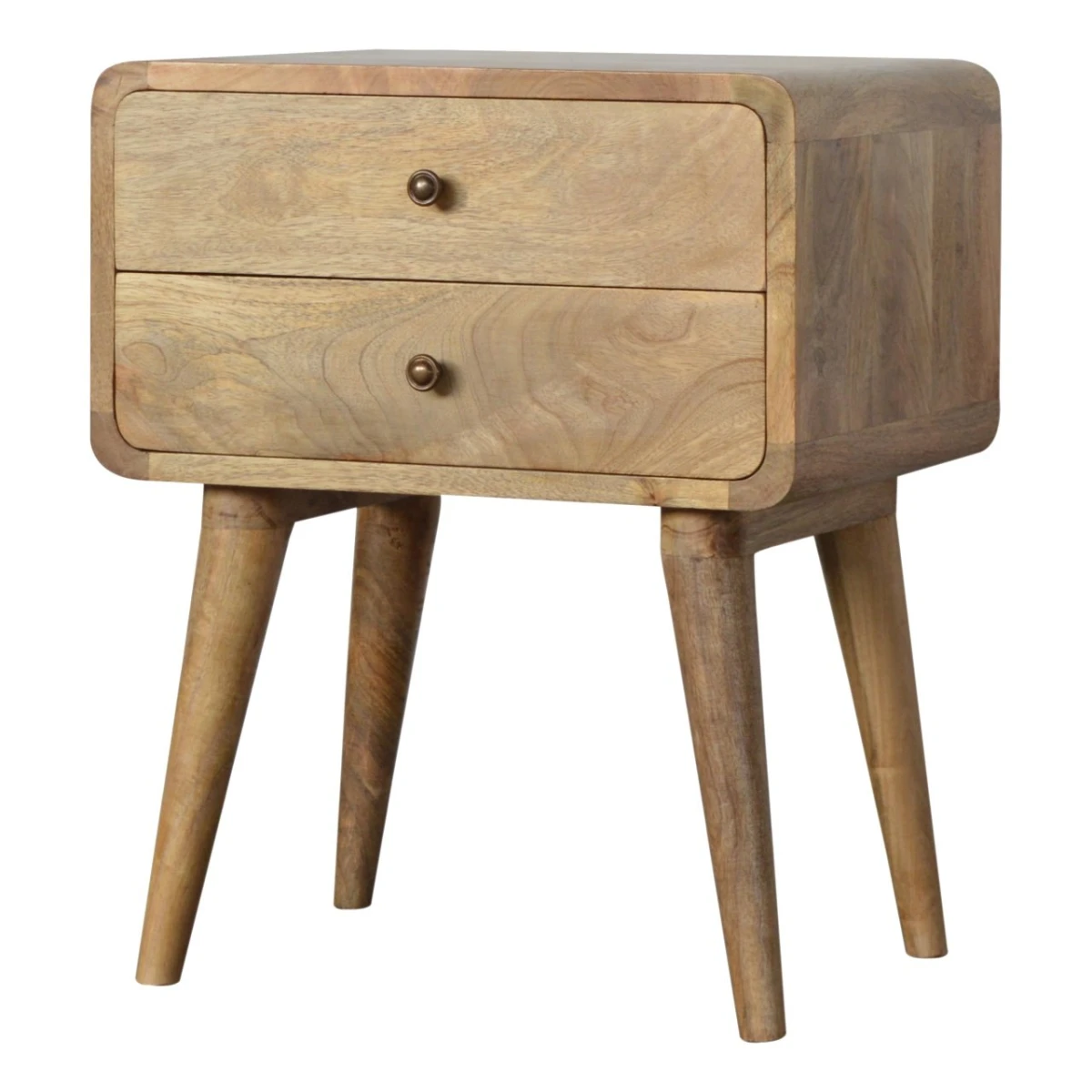 Artisan Furniture Artisan Bedside Table Solid Mango Wood Curved Edges Oak Finish Compact Size Two Drawer Nightstand For Bedroom - Bedside Table