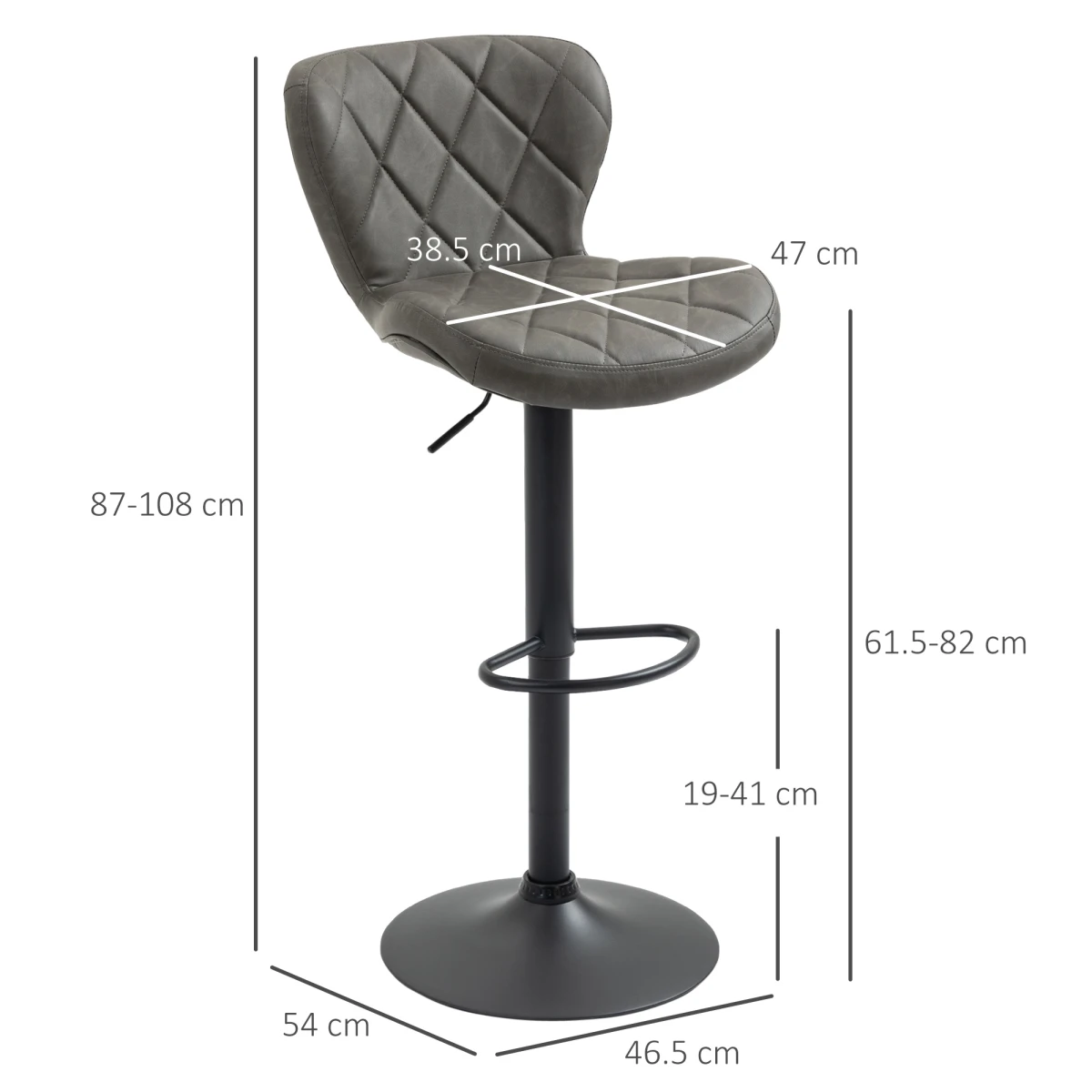 HOMCOM Adjustable Height Bar Stools 91 to 112 cm Swivel Faux Leather Diamond Stitching Home Office Set Of 2 by HOMCOM