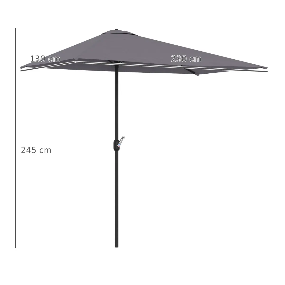 Outsunny Half Parasol Semi Round UmbrellaCrank 2.3m, Grey NO BASE INCLUDED - Parasol