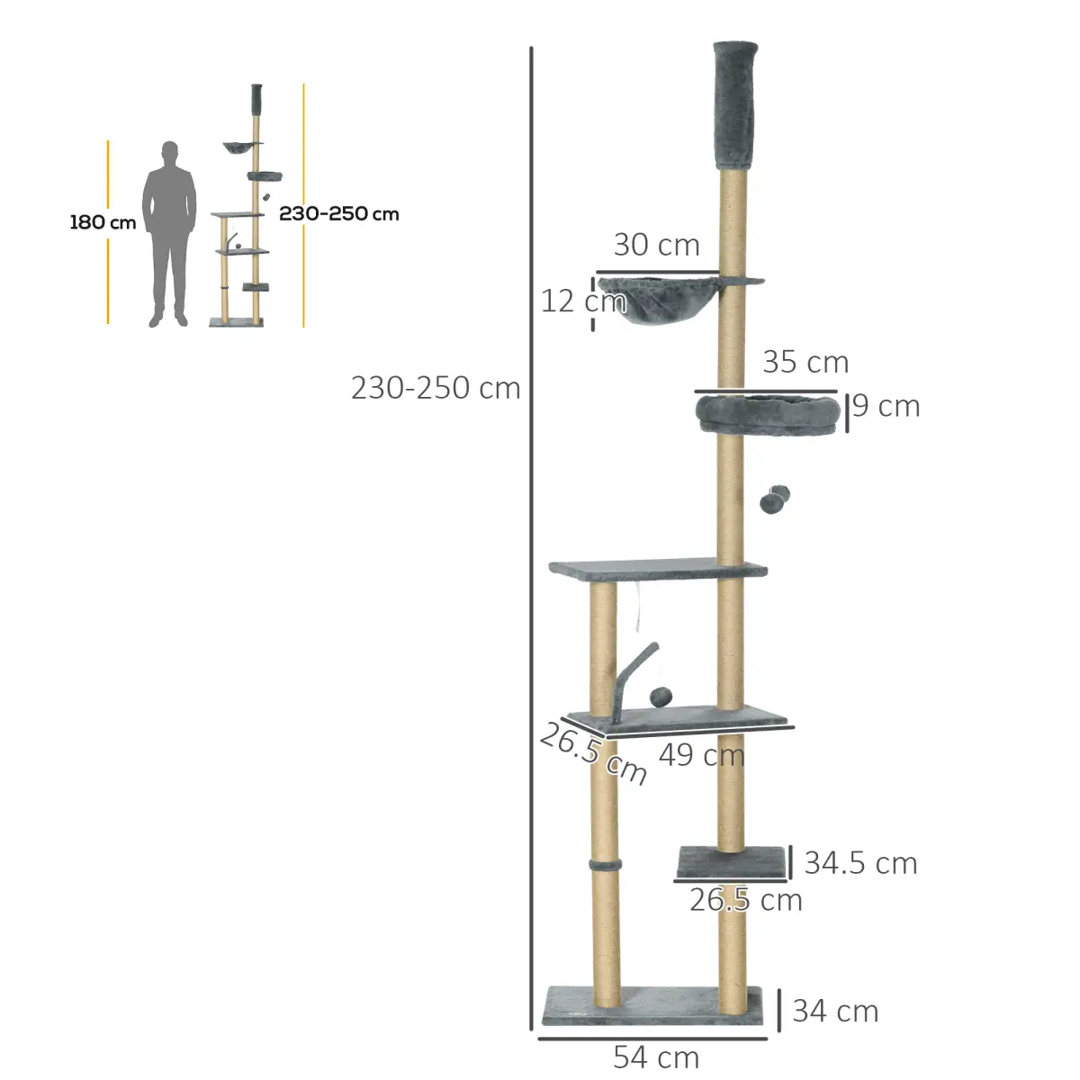 PawHut 6-Tier Floor to Ceiling Cat Tree with Scratching Post, Bed, Hammock, Grey - Cat Tree