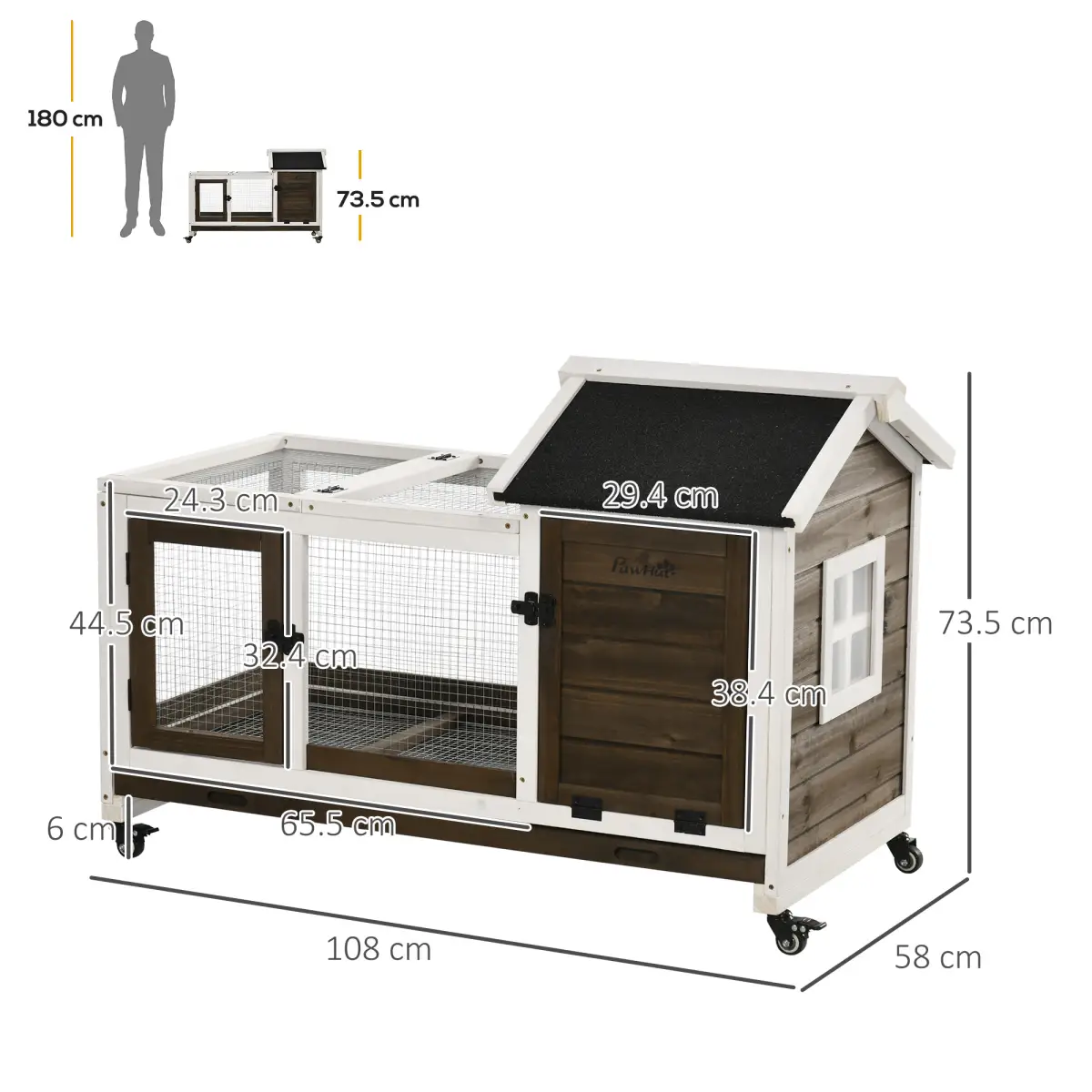 PawHut Rabbit Hutch Guinea Pig Cage with Slide-out Tray Wheels for Outdoor & Indoor - Rabbit Hutch