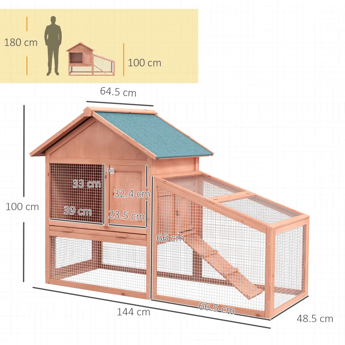 Pawhut 2 Tier Wood Rabbit Hutch Water Resistant Asphalt Roof Ramp 144 x 64.5 x 100 cm - Rabbit Hutch