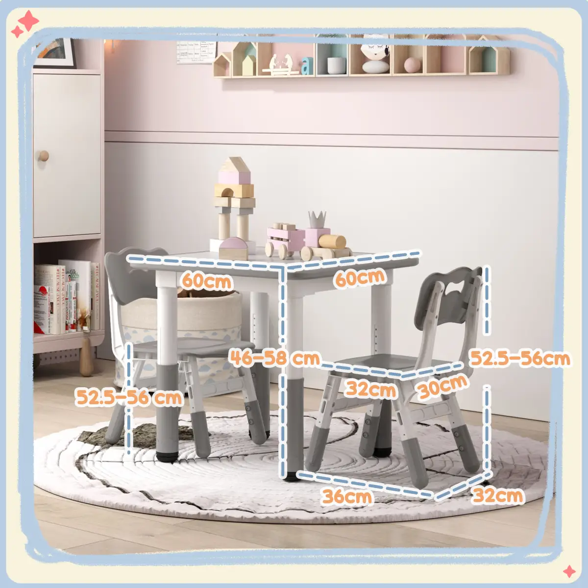 AIYAPLAY AIYAPLAY 3 Pcs Height Adjustable Kids Table and Chair Set for Playroom - Grey - Picnic Tables