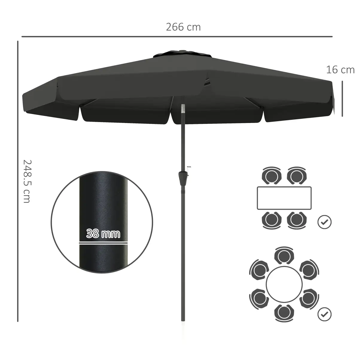 Outsunny Outsunny 2.7m Patio Umbrella Garden Parasol with Crank, Ruffles, 8 Ribs, Black - Parasol