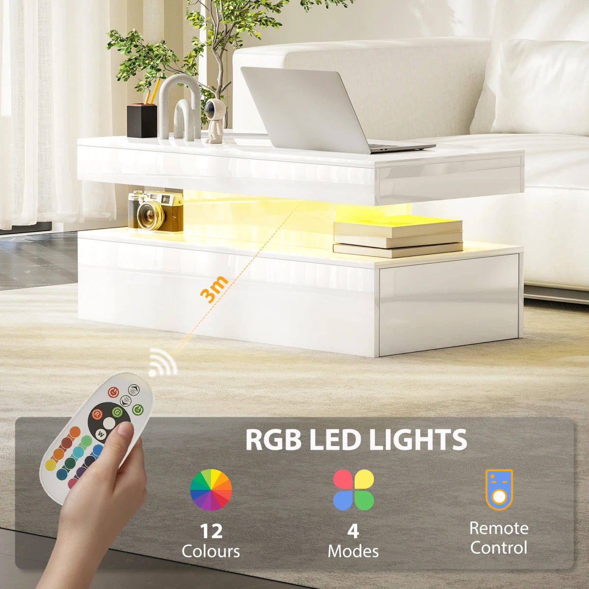 HOMCOM LED Coffee Table With RGB Light Living Room - Coffee Table