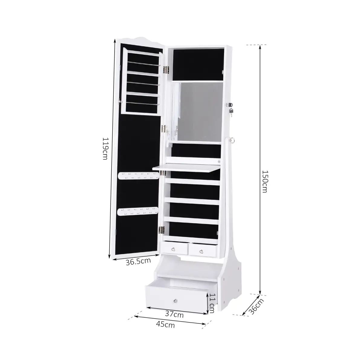 Unbranded Mirrored Jewelry Cabinet Armoire Floor Standing Lock, LED Light White - Display Cabinet