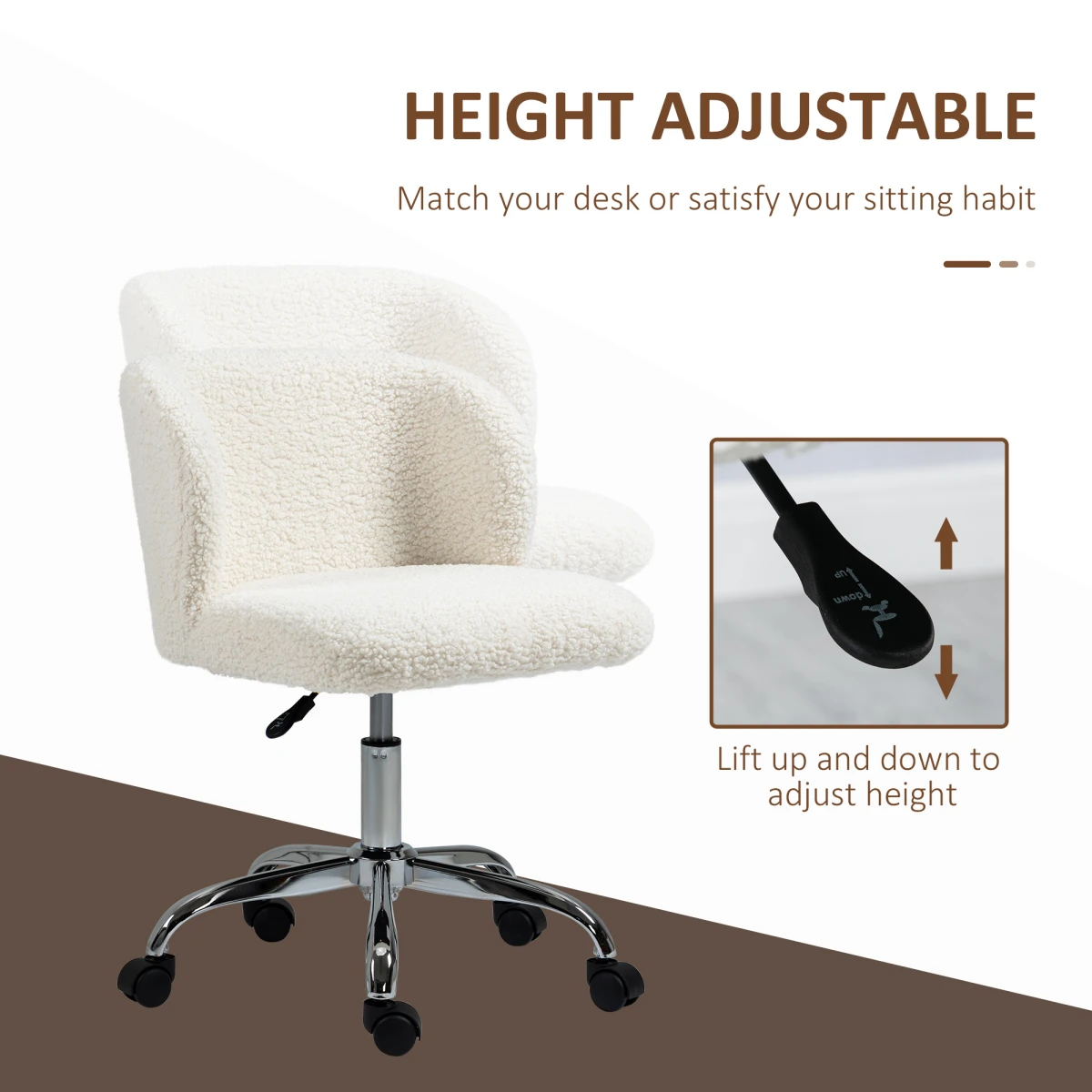 HOMCOM Office Chair Standard Size Teddy Fleece Upholstery Height Adjustable Wheels For Home Office by HOMCOM