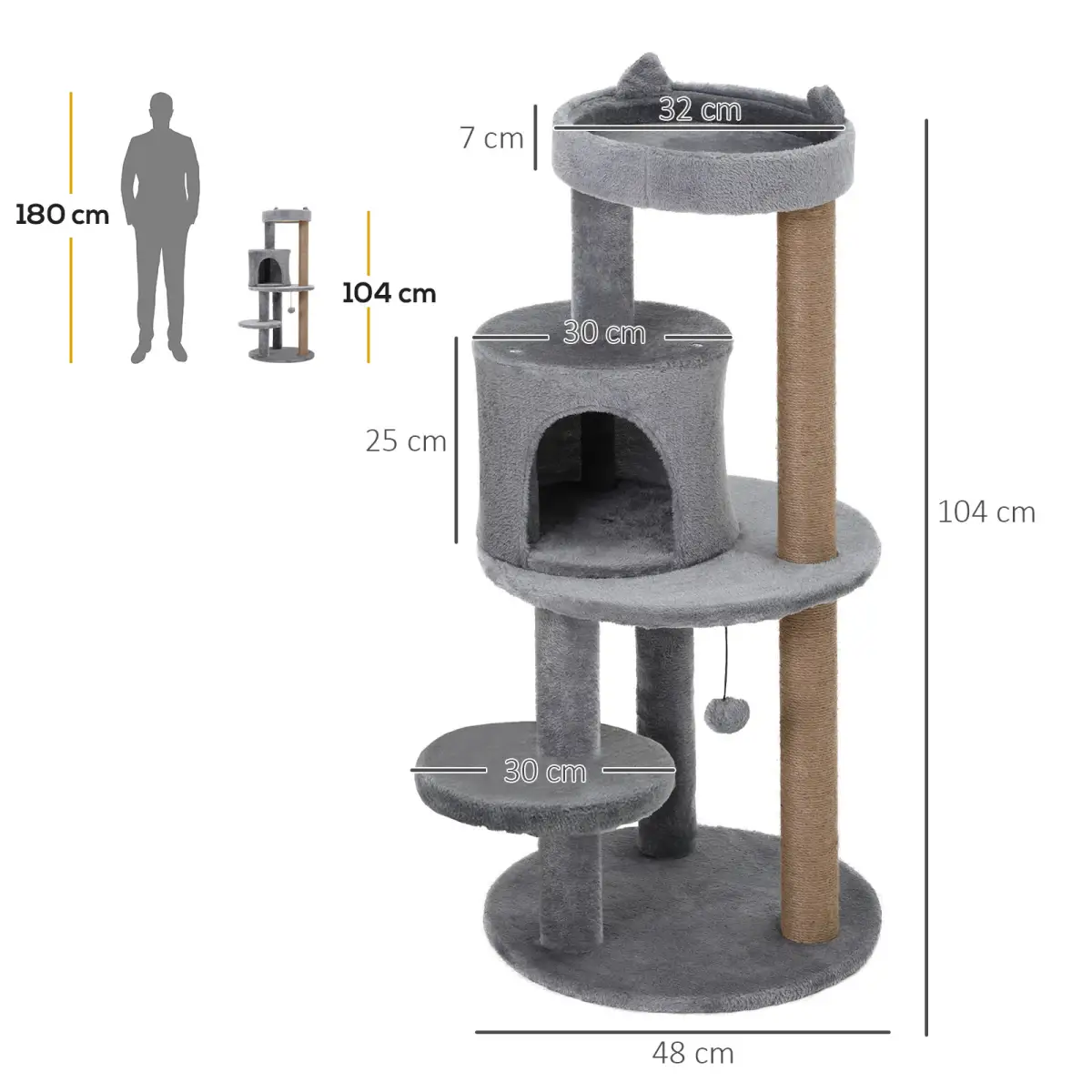Pawhut 104cm Deluxe Cat Activity Tree w/ Scratching Posts Ear Perch House - Grey - Cat Tree