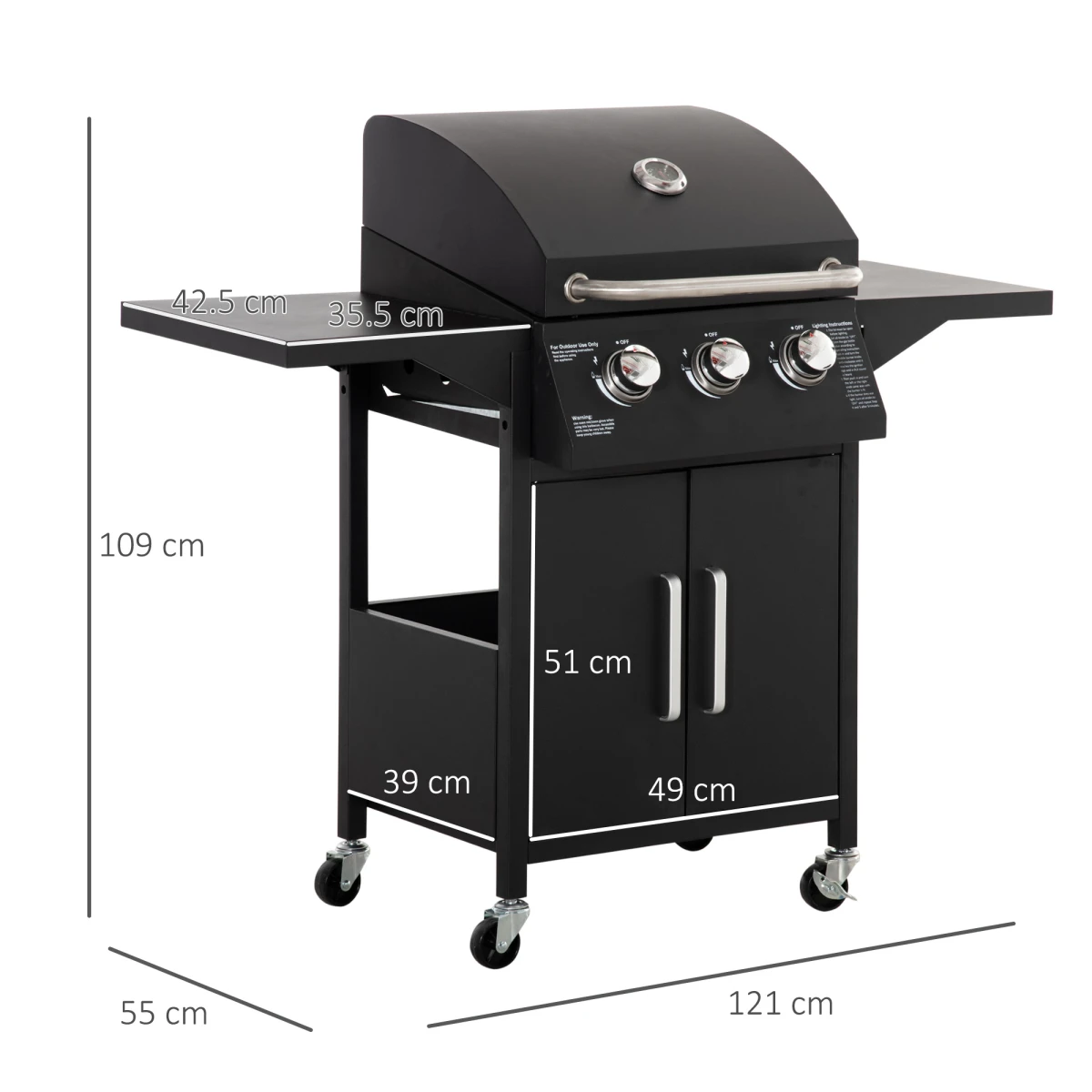 Outsunny 3 Burner Gas BBQ Grill Portable Barbecue Trolley Warming Rack Storage Cabinet - Wine Rack