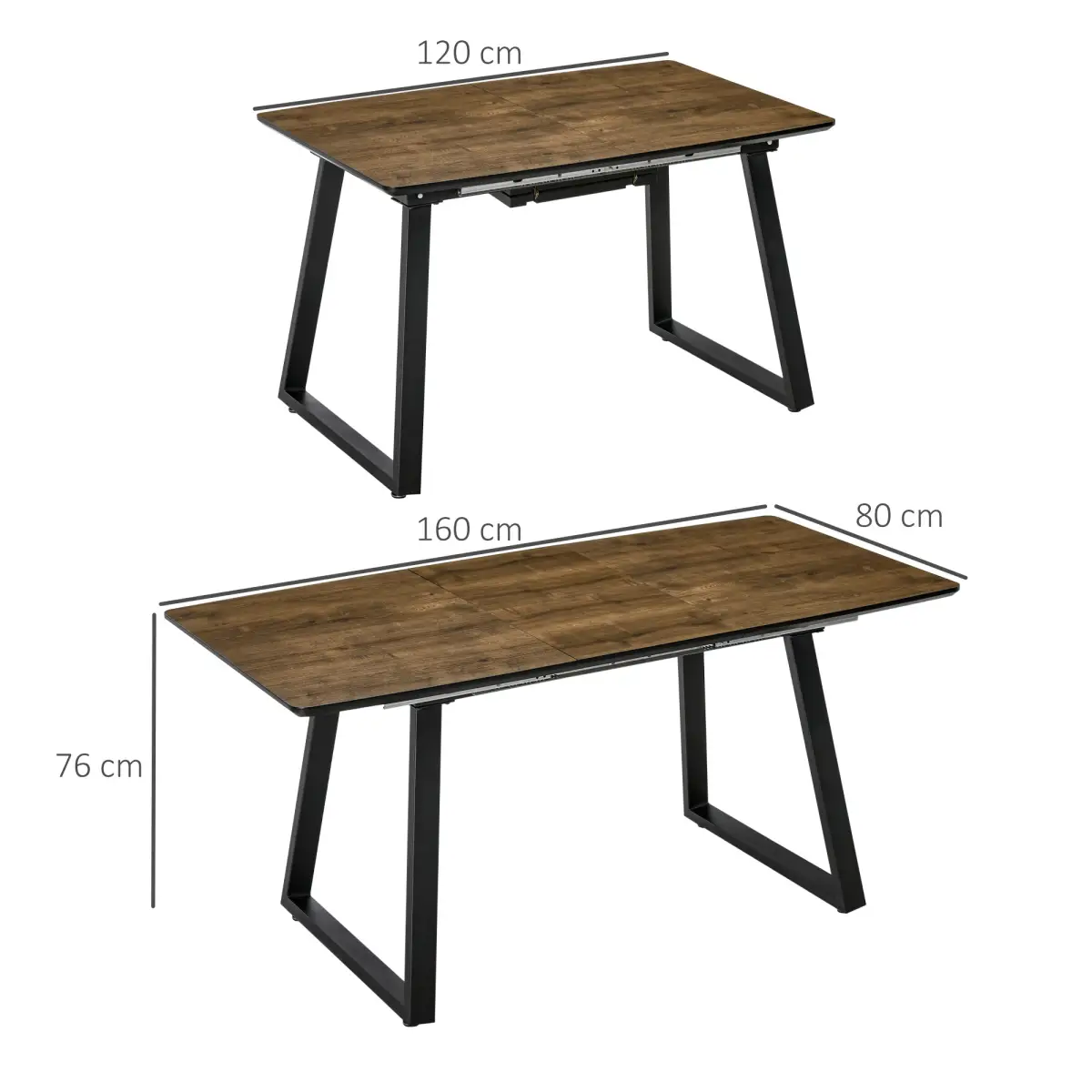 Extendable Dining Table Rectangular Wood Effect Tabletop with Metal Frame - Dining Table