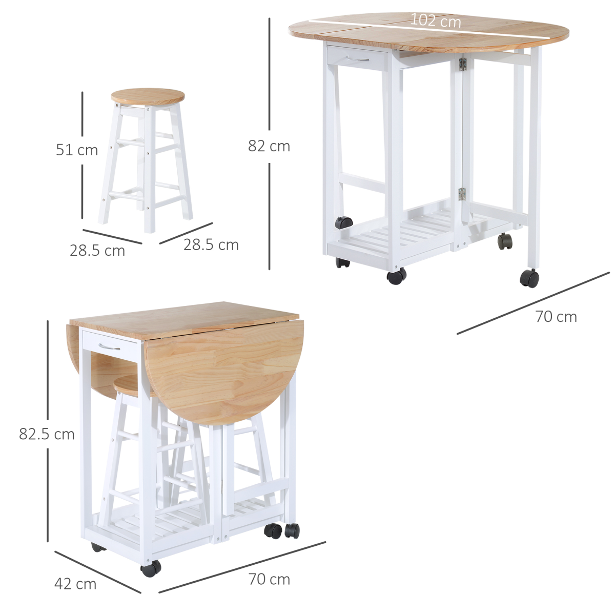 3pc Wooden Kitchen Cart Mobile Rolling Trolley Folding Stools Wheels Drawers - from Unbranded