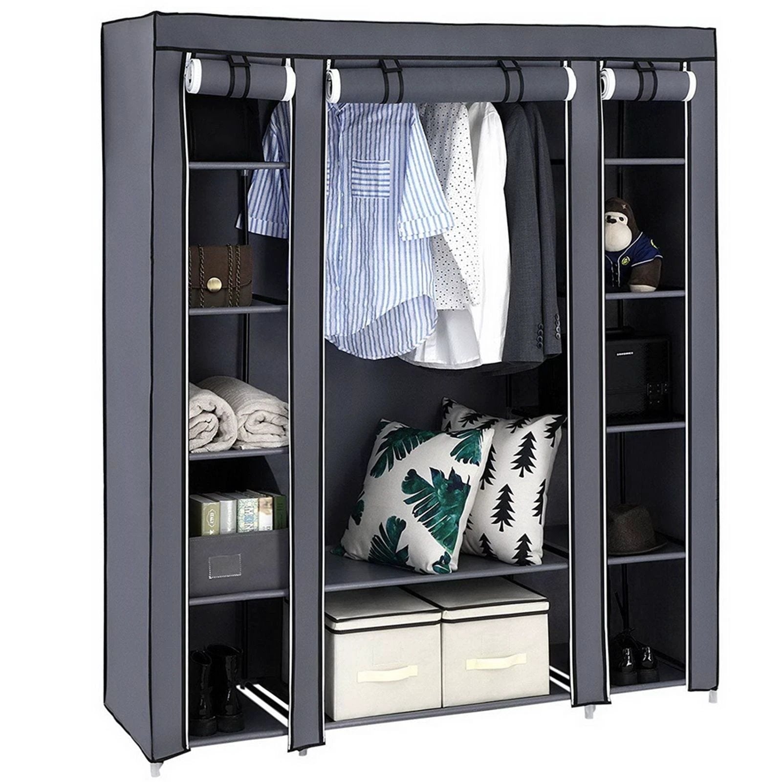 69" Portable Clothes Closet Wardrobe Storage Organizer with Non-Woven Fabric Quick and Easy to Assemble Extra Strong and Durable Gray by N/A